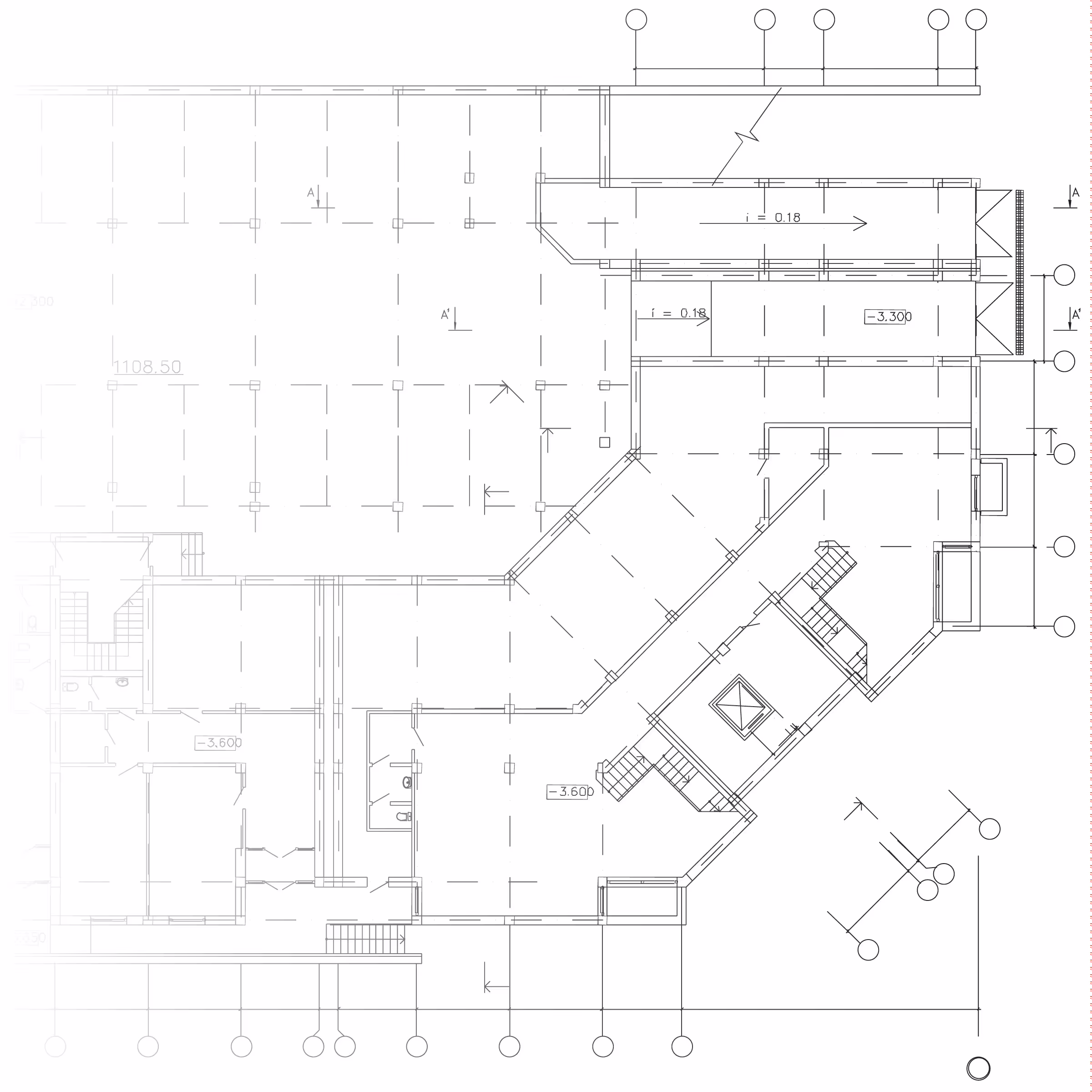 Architectural floor plan showing detailed room layout, staircases, walls, doors, and measurements.