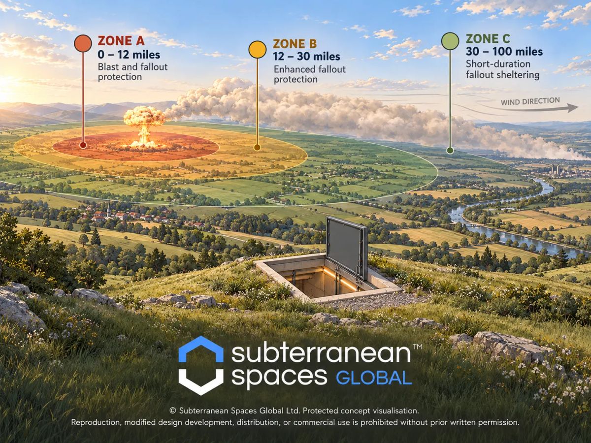 Concept visualisation of three bunker protection zones around a nuclear detonation: Zone A at 0 to 12 miles for blast and fallout protection, Zone B at 12 to 30 miles for enhanced fallout protection, and Zone C at 30 to 100 miles for short-duration fallout sheltering, with the fallout plume carried downwind