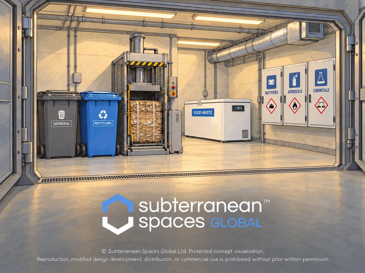 Concept visualisation of an underground bunker waste room with general and recycling bins, a bin compactor, a food waste freezer at minus 18 degrees and a wall cabinet for batteries, aerosols and chemicals