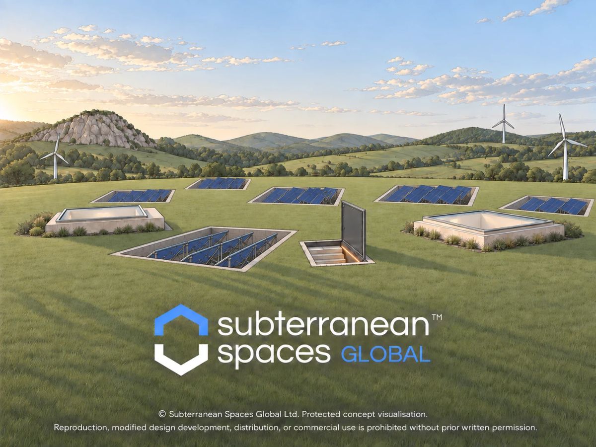 Concept visualisation of an off-grid underground property, with ground-mounted solar arrays, wind turbines and a recessed entrance hatch set in open countryside
